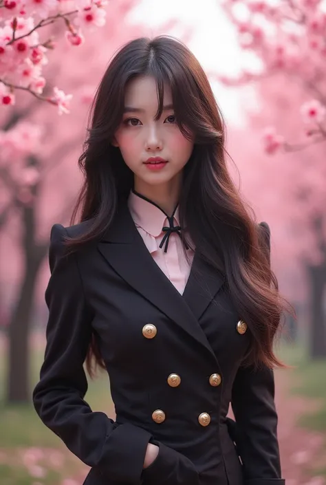 4D digital fantasy artwork of a beautiful Korean woman with long black hair, brown and blonde highlights. Wearing a Harajuku suit standing among a cherry blossom garden, cherry blossom garden background. Best quality realistic real photo. UHD 45K, ULTRA RE...