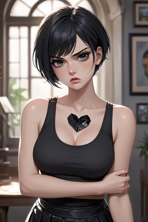 (masterpiece, best quality, 8k, high definition), whole body, 1 woman, black pixie cut, mid-chest, dark grey eyes, soft lips, beautiful face, wearing a black tanktop and tight black skirt, natural light, detailed background, Detailed Illustration Art, woma...