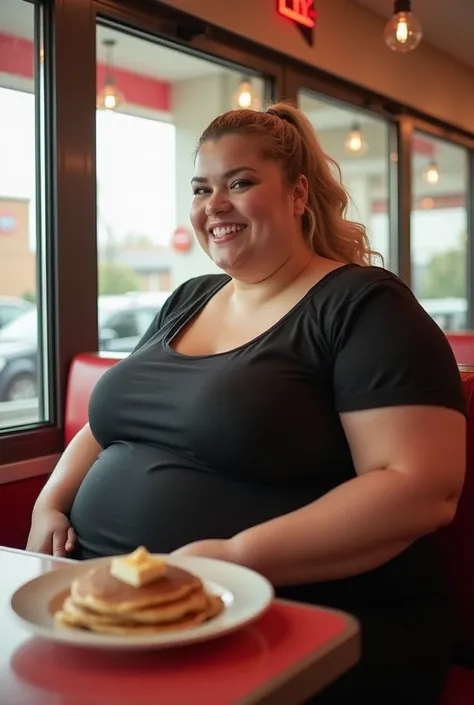 tall plus-size model wearing skin-tight activewear, sitting down in a fastfood restaurant booth, too fat to fit in the booth, belly pressed up against the booth table, side view, white woman, beautiful, massive body, morbidly obese, weighs 1000 lbs, extrem...