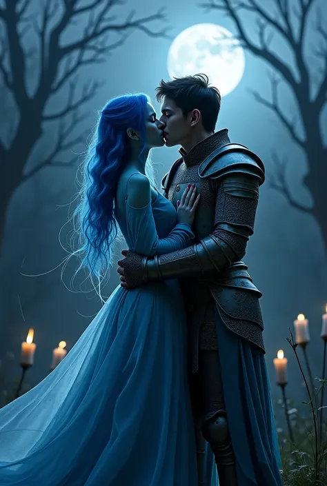 Ghost Blue Hair, grey blue ripped dress kissing a knight by night