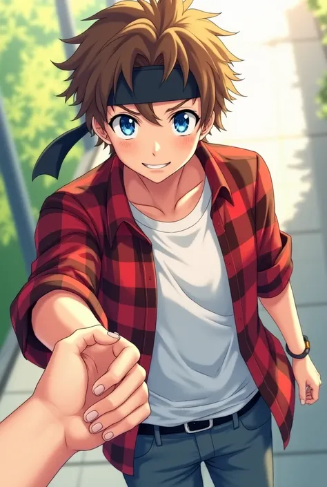 Brown-haired male anime character with a black headband, red checkered shirt and white t-shirt, bluish-gray trousers, and blue eyes holding someone's hand