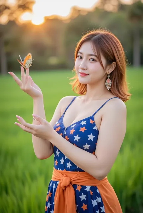 A beautiful asian girl, slightly fat, look towards the camera.dark red blonde wavy very short cut hair shiny , earing big size casual clothes sleeveless blue orange white star pattern ,standing enjoying playing cute buterfly on the garden, sunset 
