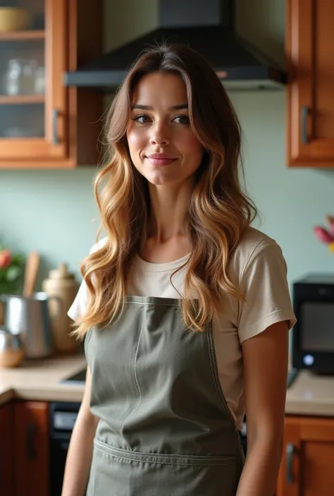 40-year-old slim woman,  tall . Long brown-blonde hair, Stands in the kitchen with an apron