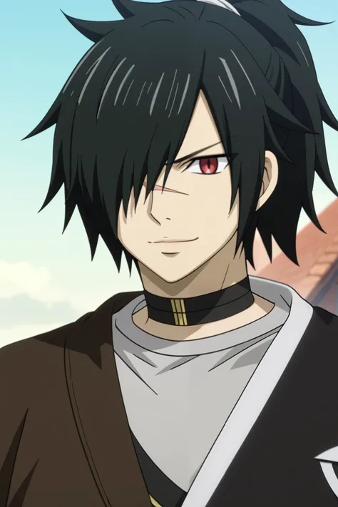 score_9, score_8_up, score_7_up, source_anime, rating_safe, intricate details, anime screencap, 1boy, solo, male focus, rogue_cheney, black hair, red eyes, ponytail, hair over one eye, scar, tattoo, close-up, happy, a light gray sleeveless shirt, tight to ...