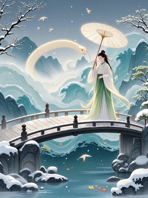  An oriental ink painting scroll， Telling the thousand-year love story of the White Snake legend。 On the Broken Bridge of West Lake in the mist，Lotus oil paper umbrella with Sujeong in white， Jade hairpin gently sways，Clothes like clouds， Behind him, Leife...