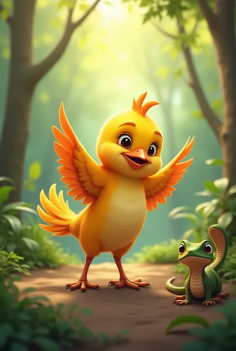 A small, cute bird with bright feathers, nervously flapping its wings in a forest. The background has soft sunlight filtering through the trees, showing the bird’s friends, a snake and a gecko, watching with encouraging smiles.