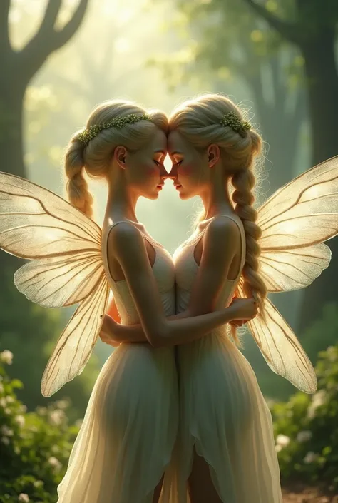 two lesbian fairy girls innocently hugging and kissing each other on the cheek. Cinematic,Realistic