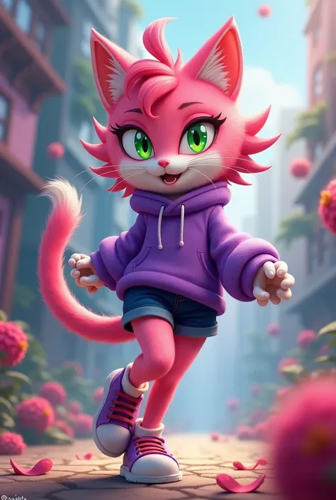 A pink anthropomorphic female cat with green eyes wearing navy blue shorts and a purple sweater in sonic the hedgehog style