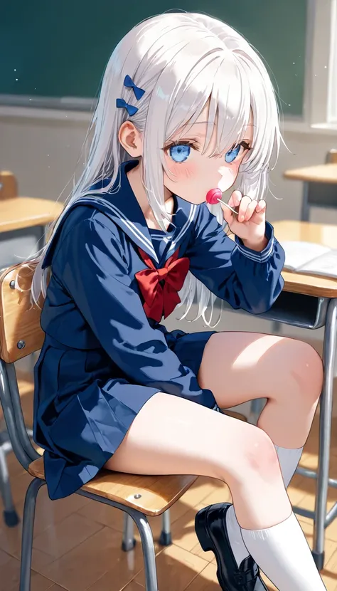 1girl, cute girl, white hair, wearing school uniform, petite figure, sitting at a student desk, neutral expression, sucking on a lollipop 