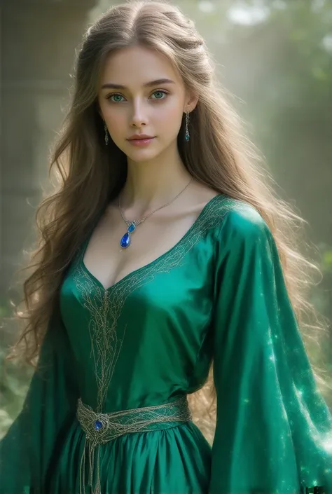  A graceful and alluring young woman named Reyuzi Elysian .  His face is oval in shape with skin as bright as porcelain that appears to glow gently .  His crystal-blue eyes radiate intelligence and deep heart firmness .  Her long, thick hair of golden silv...