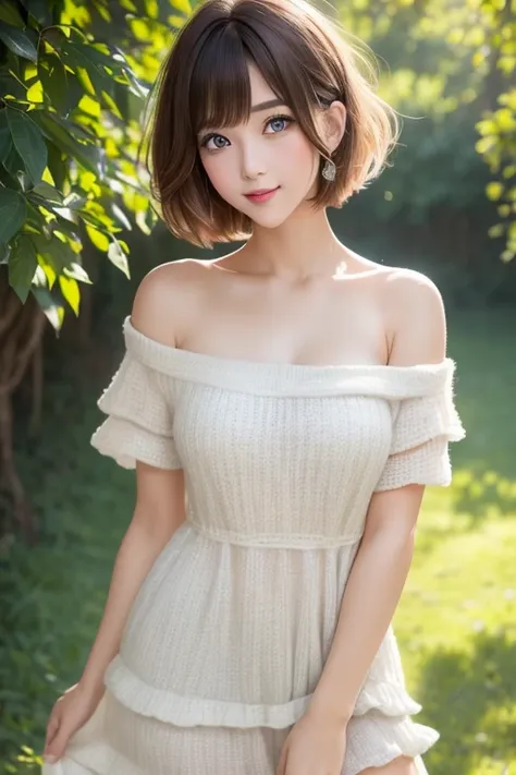  top quality, 32K,  RAW photos in the loop,  Incredibly High Resolution ,  extremely detailed outdoors, A neat and cute beauty,  flowing layered short bob cut, wearing loose and fluffy knit dress, slender,  professional lighting