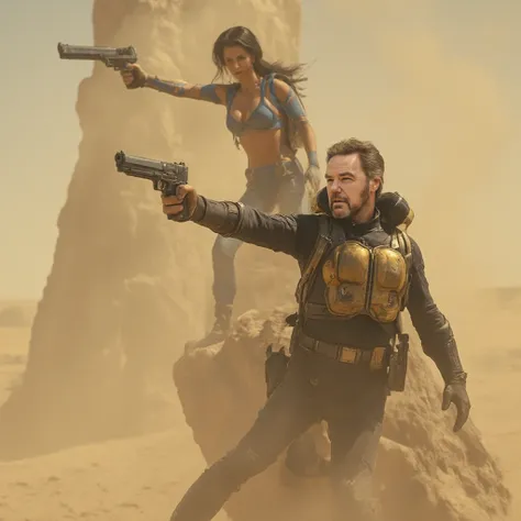 Photo real. Man and girl flying. Head and shoulders close up of a 60 year old man, agent Whateverrrr, Wearing a black and gold vault suit and gun-belt, muscular body, large black handgun in his right hand. In the desert. Next to a beautiful 18 year old you...