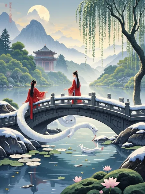  The Legend of the White Snake，Chinese style，Ink，Fine brushwork，Rock Color，West Lake，Broken Bridge，Leifeng Pagoda，Lotus，willow，Bai Suzhen，Xu Xian，Green Snake，Suiman Kanayama，Broken Bridge残雪，love，myth，legend，classical，Elegant，Aesthetic，romantic，Sad，Mourning