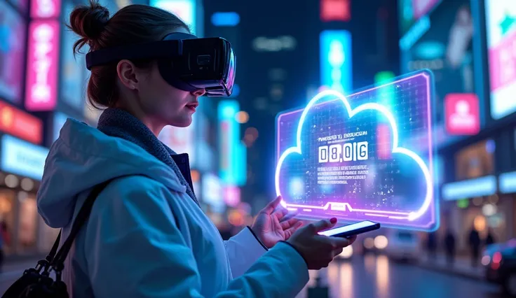 A futuristic scene where a woman wearing VR glasses is using a sleek, ultra-modern smartphone to purchase a lottery ticket via a holographic cloud interface. The hologram, glowing in vibrant blue and purple tones, projects a 3D display of a digital lottery...