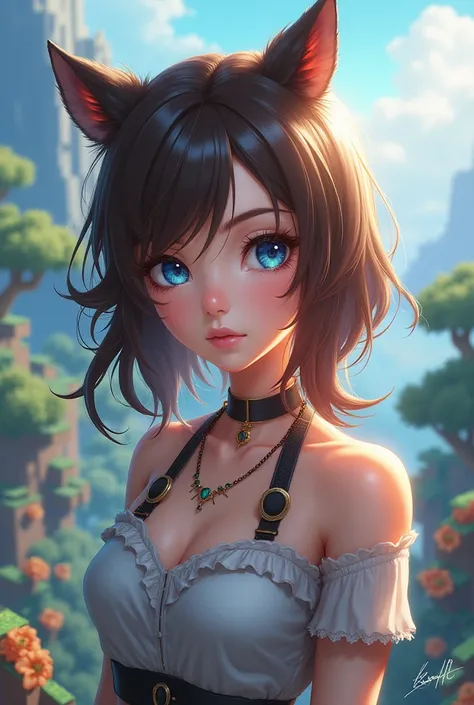 An brand image for resaface that is female has blue eyes and brown hair that is not human that likes minecraft and final fantasy 14