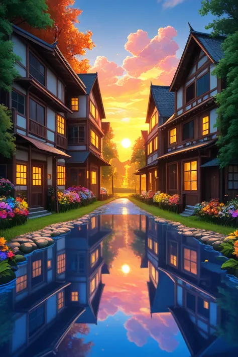  Small village by the river, mountains behind, colorful flowers, detailed landscapes, beautiful natural scenery, atmospheric lighting, scorching sunsets, warm colors, practical photography, detailed leaves, complex buildings, cobbled streets, charming coun...