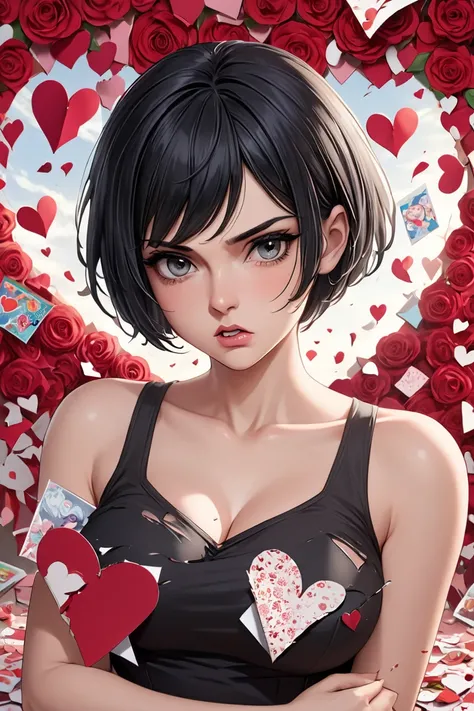 (masterpiece, best quality, 8k, high definition), whole body, 1 woman, black pixie cut, mid-chest, dark grey eyes, soft lips, beautiful face, wearing a black tanktop and tight black skirt, natural light, detailed background, Detailed Illustration Art, woma...