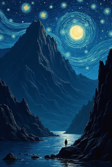 Van Gogh starry sky at night with mountain and cliff with sstars and moon and peaky blinders