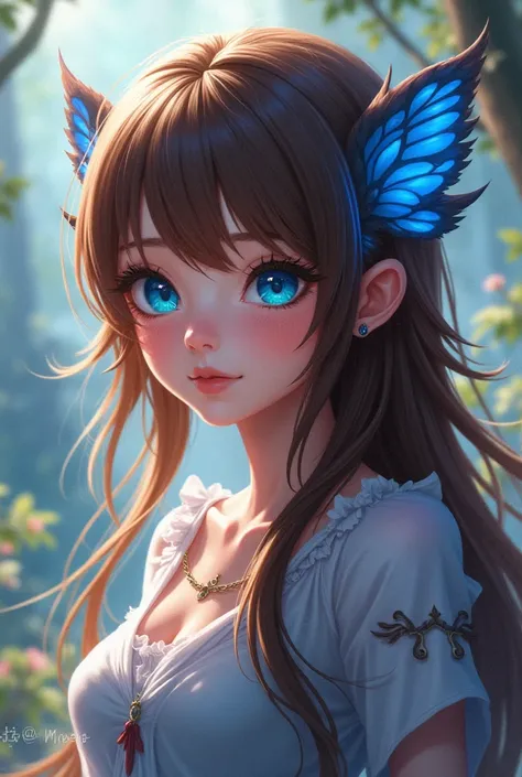 An brand image for resaface that is female has blue eyes and brown hair that is not human that likes minecraft and final fantasy 14