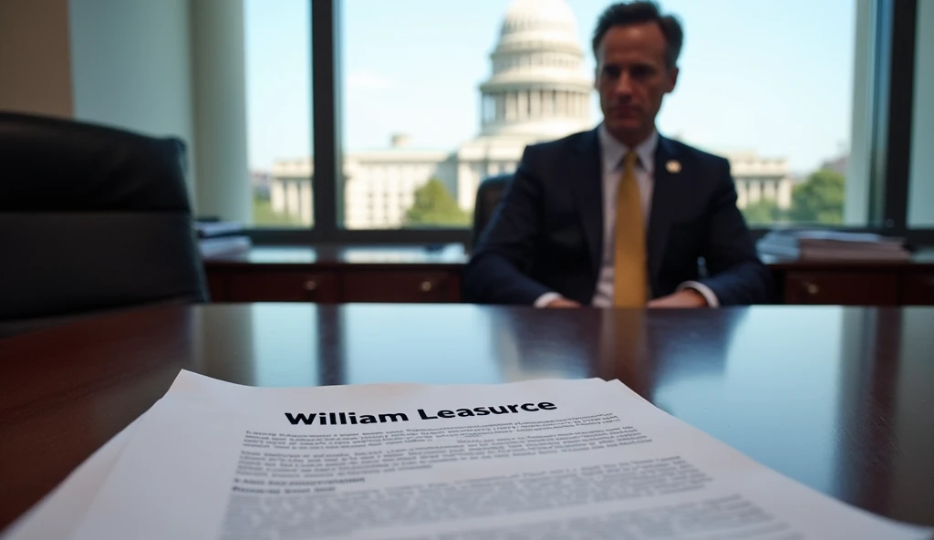  A modern office with Governor Gavin Newsom seated at a desk, a stack of parole reviews in front of him. A document with "William Leasure" in bold letters lies prominently on top. Newsom’s expression is pensive as he looks out a large window at the Califor...