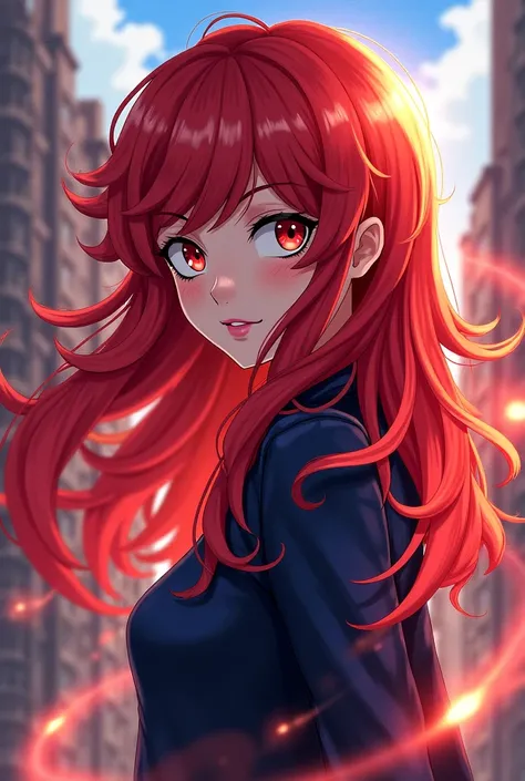 A girl from My Hero Academia with long, wavy red hair 