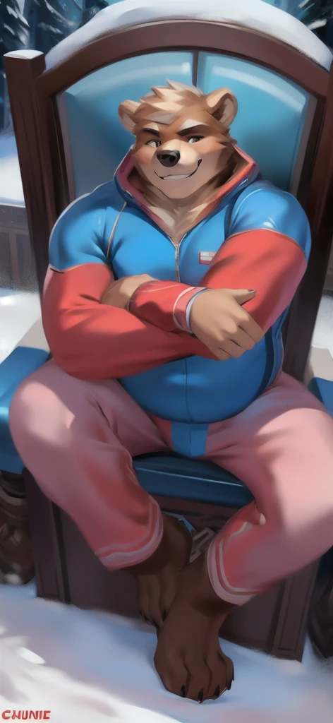 Solo,big man​, huge​ body​,​Sitting on the throne chair​, snow ,bear , ice pink Tracksuit soldier , overweight, muscular,Smirking cunning,yandere, by chunie​​