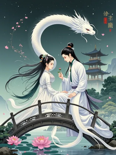  The Legend of the White Snake，Chinese style，Ink，Fine brushwork，Rock Color，West Lake，Broken Bridge，Leifeng Pagoda，Lotus，willow，Bai Suzhen，Xu Xian，Green Snake，Suiman Kanayama，Broken Bridge残雪，love，myth，legend，classical，Elegant，Aesthetic，romantic，Sad，Mourning