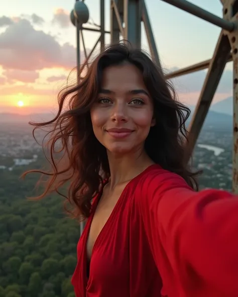 A 22-year-old Brazilian woman taking a selfie atop a towering cell signal structure, her bright green eyes gazing softly into the phone’s front camera. Her dark brown wavy hair flows freely in the wind, framing her face with effortless elegance. She wears ...