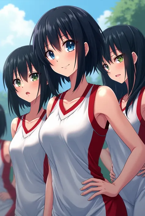 Anime girls have black hair, slim body and white skin. They wear basketball clothes. Their breasts are moderately large and the color of their eyes is heavenly 