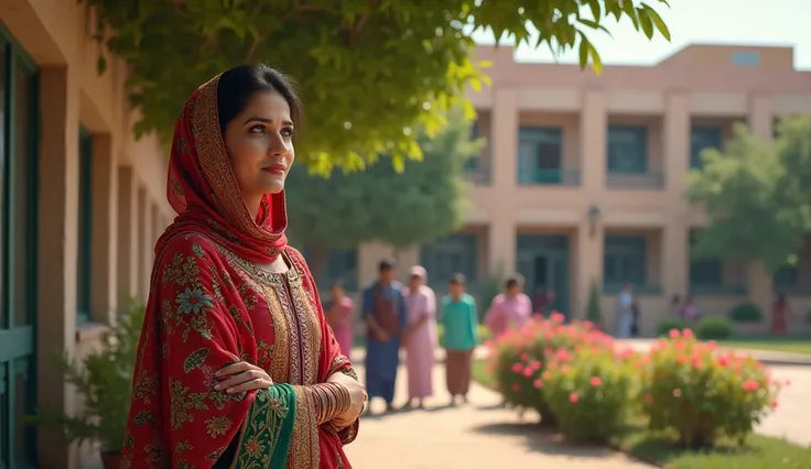 Pakistani mother wearing shalwar kameez waiting outside her daughter school waiting for her daughter