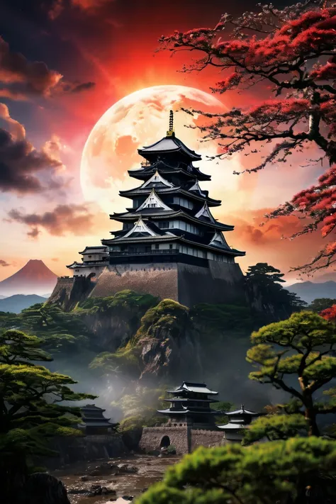  top quality,  face focus,  soft light,  super high resolution, ( pictures realistic:1.4),  RAW photos , Earth, Japanese Castle,Harmony between civilization and nature, destruction and creation ,Earth image ,dark, surreal,Blood,sunset,The Universe and God