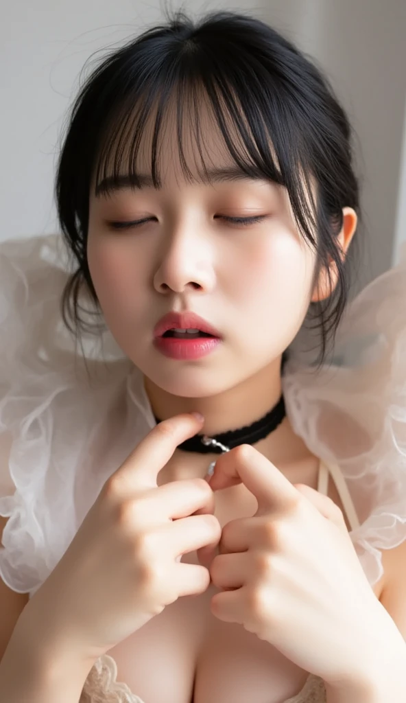 Highest quality,Japanese Idols、Award-winning photo, Very detailed, Edging Orgasm,(Woman with open mouth and closed eyes ), 18-year-old、Glowing Skin, Black choker, realistic nostrils 、ガーターストッキング