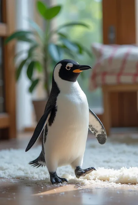  The little penguin was running around the house ,  and when the hostess came home from work and was very hungry , he started crying .  The hostess immediately fed him fish , , the penguin began to clap and run around the house happily.