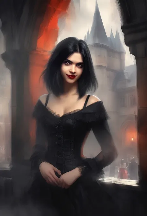 Willem Haenraets style   full body  (dynamik8K vampire , dracula castle ((JOANNA ORTEGA,jOANNA oRTEGA),Wednesday,a photo of (jennao:1.2), JennaO, charming mysterious smile , big brown eyes, black hair, shag bob, gothic background, photo realistic, (realist...