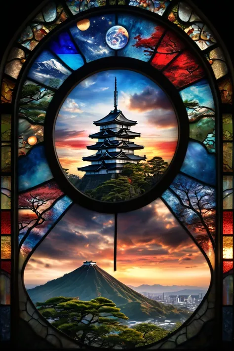  top quality,  face focus,  soft light,  super high resolution, ( pictures realistic:1.4),  RAW photos , Earth, Japanese Castle,Harmony between civilization and nature, destruction and creation ,Earth image ,dark, surreal,Blood,sunset,The Universe and God,...