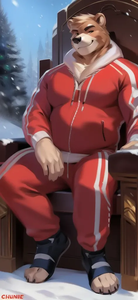 Solo,big man​, huge​ body​,​Sitting on the throne chair​, snow ,bear , white pink Tracksuit soldier , overweight, muscular,Smirking cunning,yandere, by chunie​​