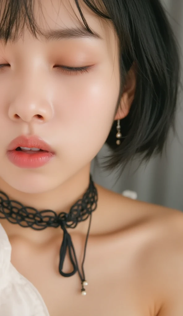 Highest quality,Japanese Idols、Award-winning photo, Very detailed, Edging Orgasm,(Woman with open mouth and closed eyes ), 18-year-old、Glowing Skin, Black choker, realistic nostrils 、ガーターストッキング