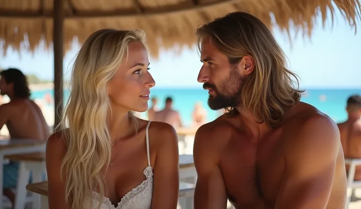  Create a blonde with blue eyes and a man nicely trimmed with a beard,  the body should be directed forward with long hair,  dressed in beach dress Background — stylish beach bar with people sitting behind. They sit and talk looking at each other he is in ...