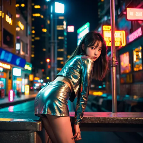 A korean girl in a metallic micro-miniskirt and cropped leather jacket leans against a neon-lit city alley wall
High Resolution, Masterpiece, Best Quality, 