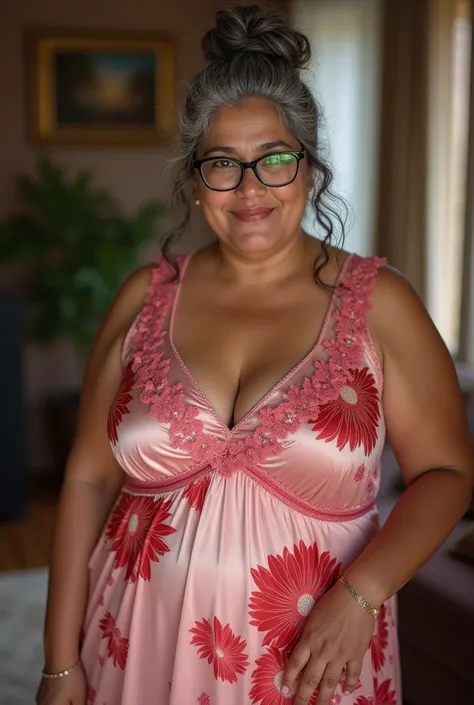 50 year MILF WITH CURVY FIGURE VERY BEAUTIFUL CLASS AND ELEGANT voluptuous and full figured  South Indian MILF plus size dusky housewife in pink TRANSPARENT satin NIGHTY WITH FLORAL red color .  high jawbone long face, bun of long silver grey hairs messy c...