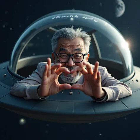 A photorealistic portrait of a happy 50-year-old Japanese man with thick black-rimmed glasses, stubble beard, and graying hair, making a heart shape with both hands through the window of a UFO, "Thank You" written on the UFO's side, floating in space with ...