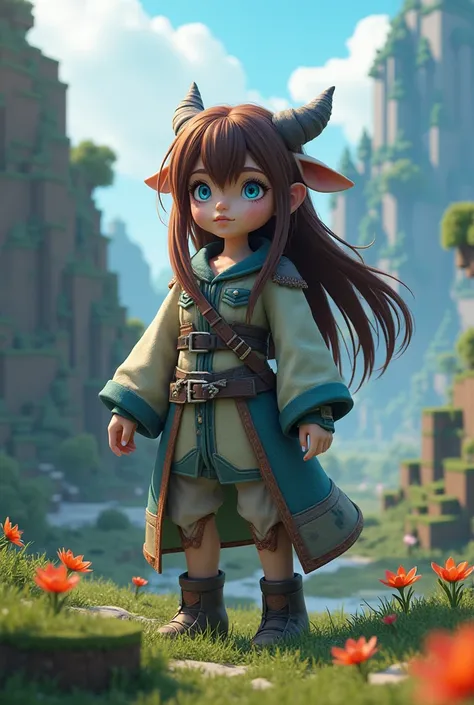 An brand image for a female has blue eyes and brown hair that likes minecraft and final fantasy 14 that is also not human