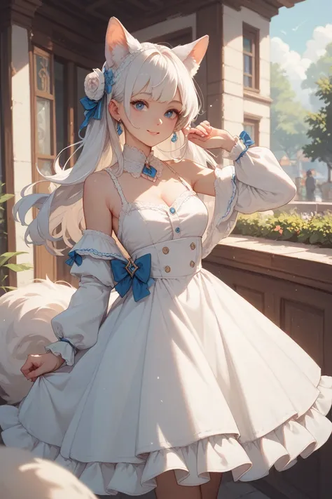  with white hair in a fluffy dress。Please refer to the image。Please don't pat