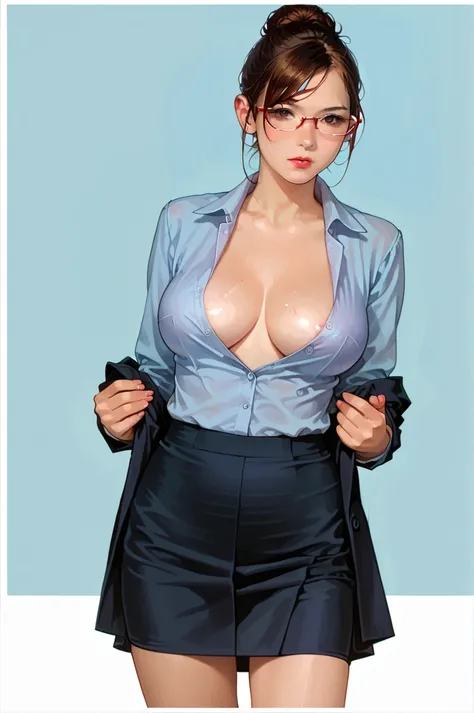 score_9, score_8_up, score_7_up, score_6_up, content_explicit, source_anime, high quality, high contrast, realistic, 1girl, solo,(cowboy shot),brown hair, hair bun, office lady, business suit,  large breasts, shiny skin, pale skin, sidelit, simple backgrou...