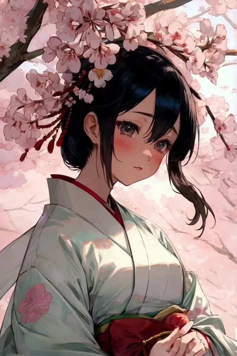 anime,  Wedding Style, Young woman wearing Japanese clothing,  cute Japanese,  under a cherry tree ,  Biologically correct and accurate portrayals