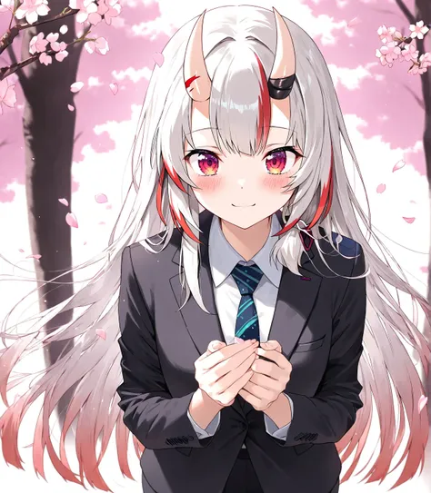 ((Nakiri Ayame)),Girl, long hair, (Cherry Blossoms), small Smile, alone, (a radiant smile), masterpiece, Best Quality, blush,  smiles, ((Cherry blossom petals)), standing, black business suit