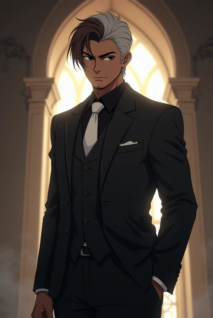 Handsome black 25 years old man with short brown hair with gray temples and short beard ,  tall and stocky wearing a three-piece black suit with a black shirt and a very white tie , Using air magic in a castle room fighting hooded men (  Anime style )