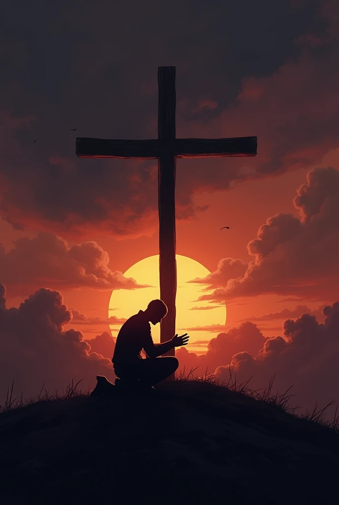 a person kneeling in prayer in front of a cross during a dark sunset. Person and cross are shadow