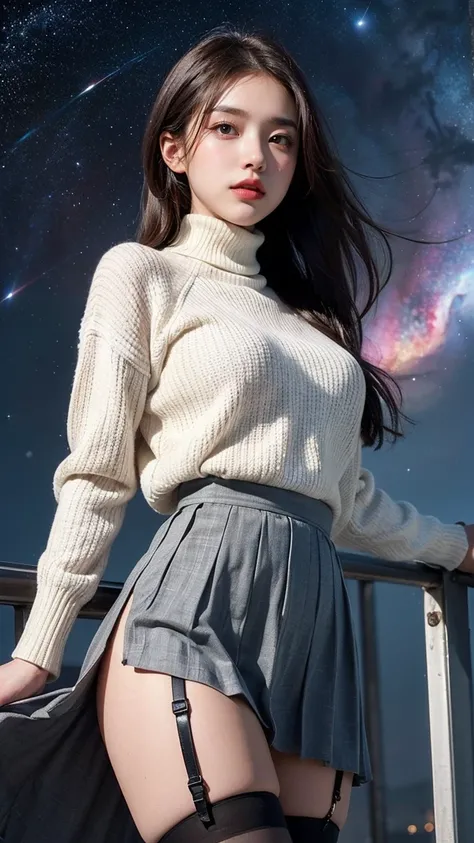 ai_kase, (A clear night sky with multiple nebulae clearly visible:1.2), (A beautiful girl looking at a nebula from the rooftop of a skyscraper), (A dim night sky with twinkling stars), (Beautiful girl standing by the rooftop fence), (She is wearing a High ...