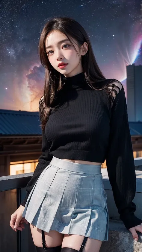 ai_kase, (A clear night sky with multiple nebulae clearly visible:1.2), (A beautiful girl looking at a nebula from the rooftop of a skyscraper), (A dim night sky with twinkling stars), (Beautiful girl standing by the rooftop fence), (She is wearing a High ...